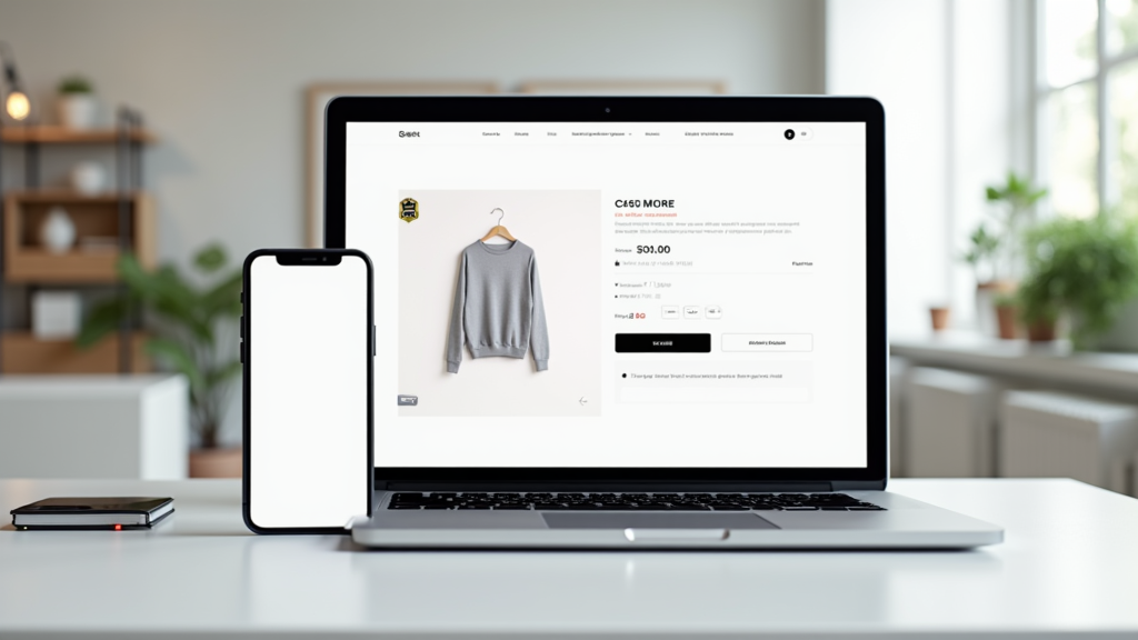 A clean, minimalistic e-commerce product page displayed on a laptop and a smartphone, both portrayed with a fast, loading animation in a bright, modern workspace setting